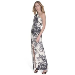 Vince Camuto One Shoulder Floral Dress in Black and White